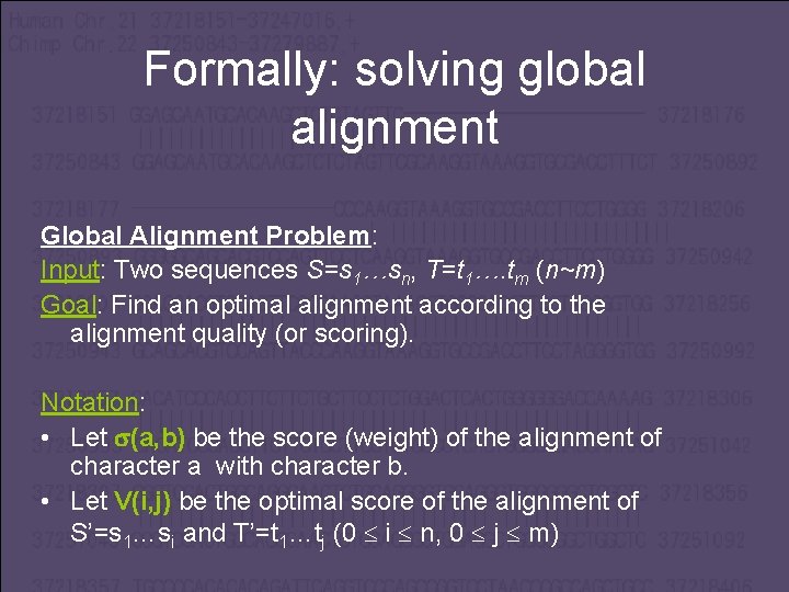 Formally: solving global alignment Global Alignment Problem: Input: Two sequences S=s 1…sn, T=t 1….