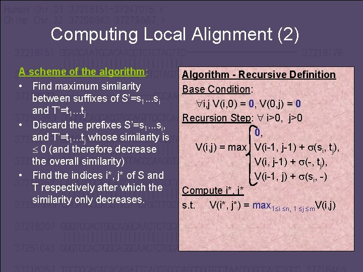 Computing Local Alignment (2) A scheme of the algorithm: • Find maximum similarity between