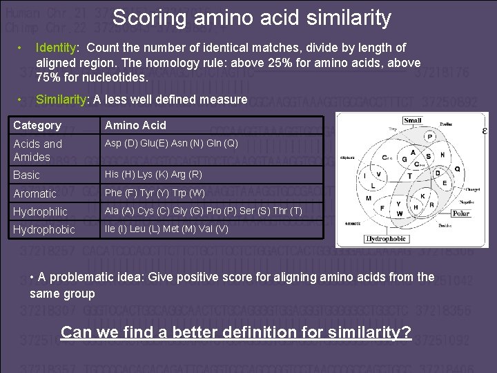 Scoring amino acid similarity • Identity: Count the number of identical matches, divide by