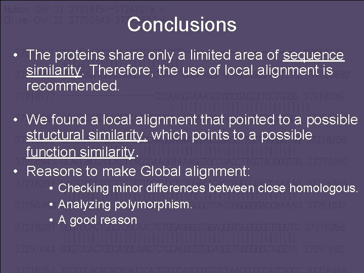 Conclusions • The proteins share only a limited area of sequence similarity. Therefore, the