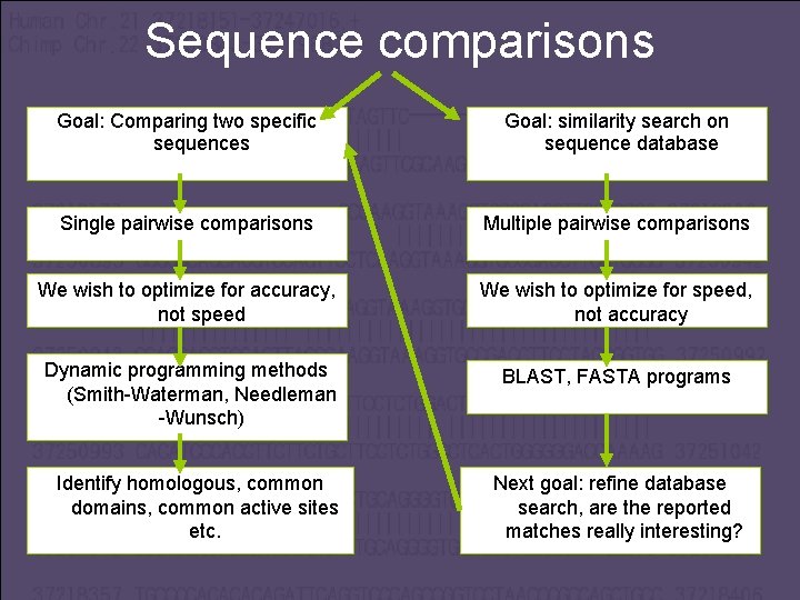 Sequence comparisons Goal: Comparing two specific sequences Goal: similarity search on sequence database Single