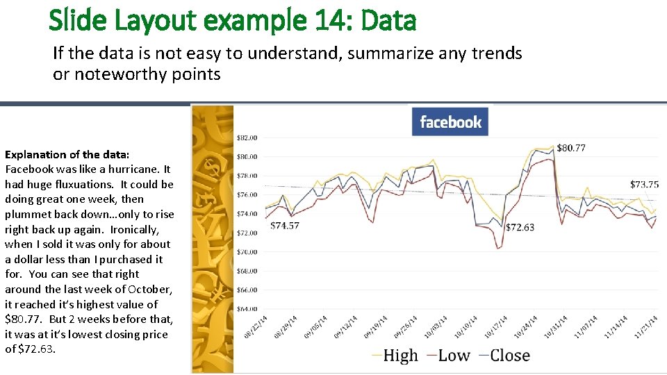 Slide Layout example 14: Data If the data is not easy to understand, summarize