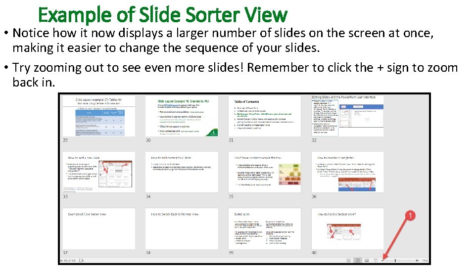 Example of Slide Sorter View • Notice how it now displays a larger number