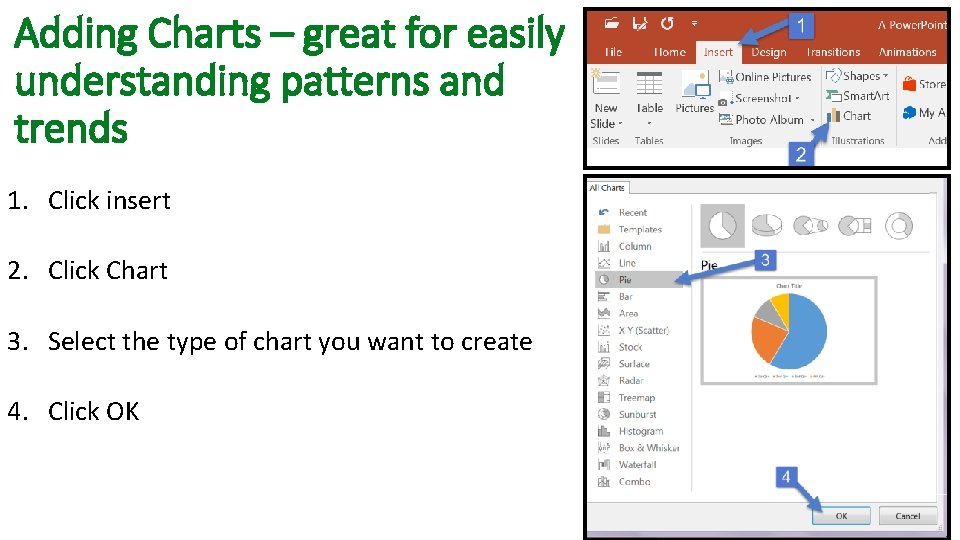 Adding Charts – great for easily understanding patterns and trends 1. Click insert 2.