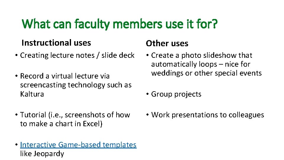 What can faculty members use it for? Instructional uses • Creating lecture notes /