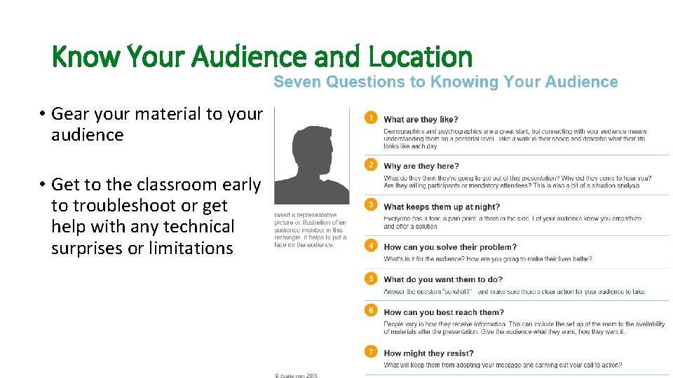 Know Your Audience and Location • Gear your material to your audience • Get