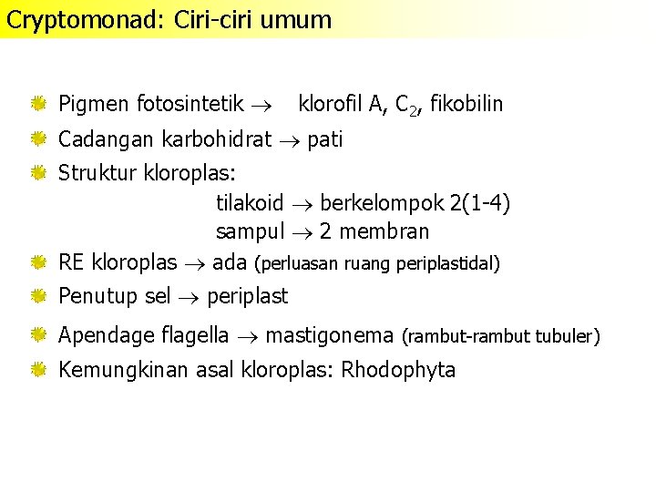 Cryptomonad: Ciri-ciri umum Pigmen fotosintetik klorofil A, C 2, fikobilin Cadangan karbohidrat pati Struktur