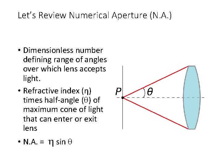 Let’s Review Numerical Aperture (N. A. ) • Dimensionless number defining range of angles