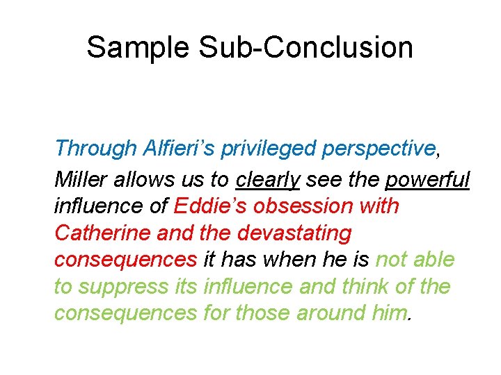 Sample Sub-Conclusion Through Alfieri’s privileged perspective, Miller allows us to clearly see the powerful
