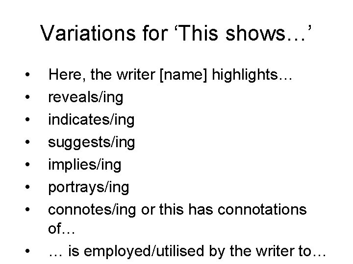 Variations for ‘This shows…’ • • Here, the writer [name] highlights… reveals/ing indicates/ing suggests/ing