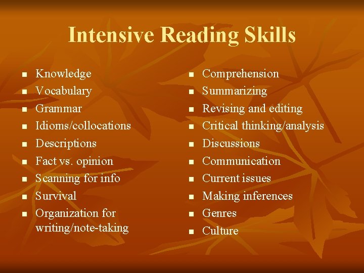 Intensive Reading Skills n n n n n Knowledge Vocabulary Grammar Idioms/collocations Descriptions Fact