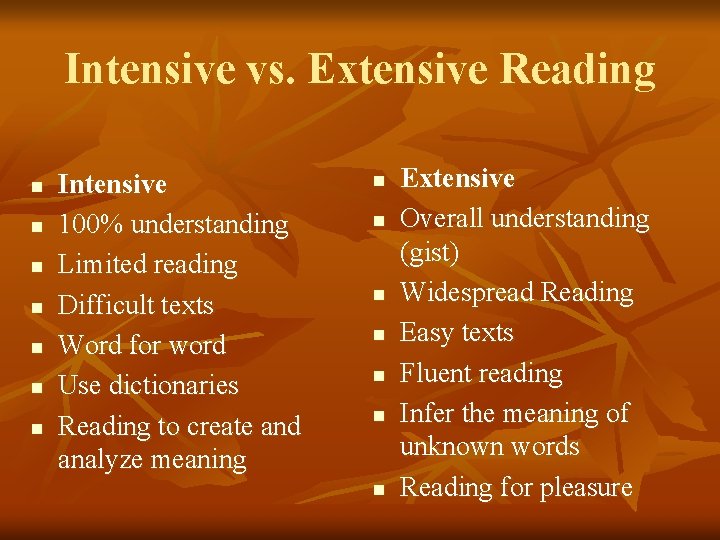 Intensive vs. Extensive Reading n n n n Intensive 100% understanding Limited reading Difficult
