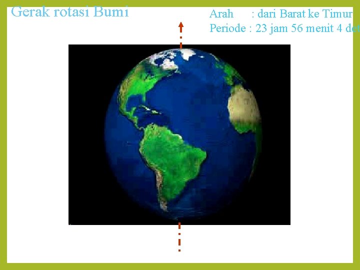 Gerak rotasi Bumi Arah : dari Barat ke Timur Periode : 23 jam 56