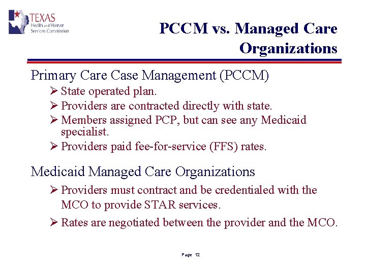 PCCM vs. Managed Care Organizations Primary Care Case Management (PCCM) Ø State operated plan.