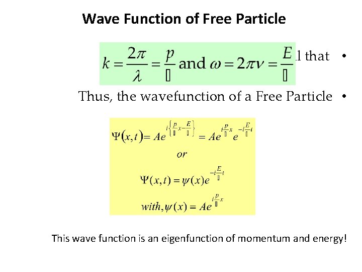 Wave Function of Free Particle Recall that • Thus, the wavefunction of a Free