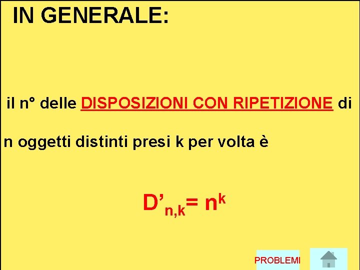 IN GENERALE: il n° delle DISPOSIZIONI CON RIPETIZIONE di n oggetti distinti presi k IN GENERALE: il n° delle DISPOSIZIONI CON RIPETIZIONE di n oggetti distinti presi k
