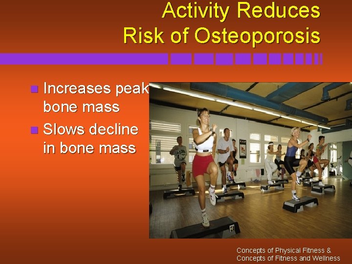 Activity Reduces Risk of Osteoporosis Increases peak bone mass n Slows decline in bone