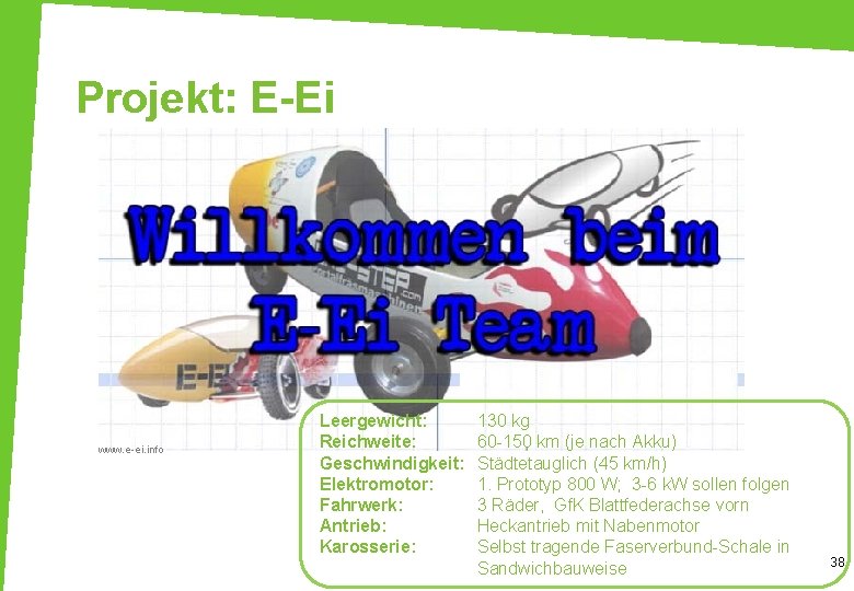 Projekt: E-Ei www. e-ei. info Leergewicht: Reichweite: Geschwindigkeit: Elektromotor: Fahrwerk: Antrieb: Karosserie: 130 kg
