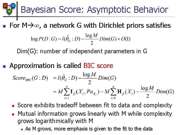 Bayesian Score: Asymptotic Behavior n For M , a network G with Dirichlet priors