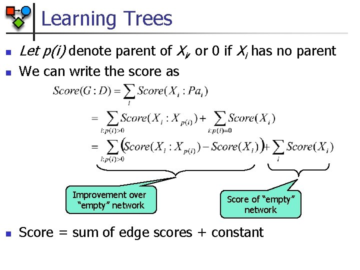 Learning Trees n Let p(i) denote parent of Xi, or 0 if Xi has