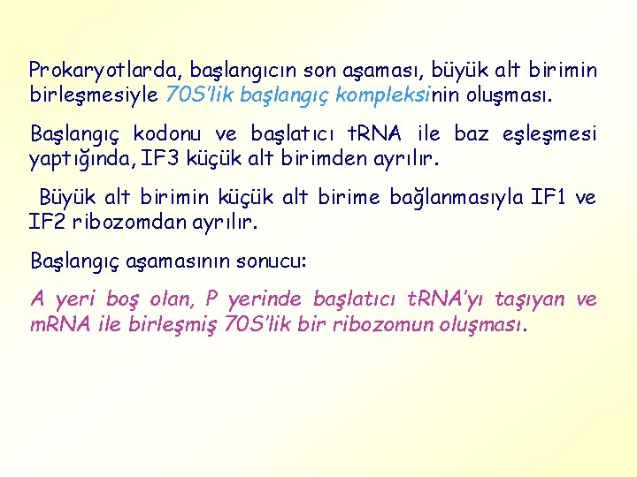 Prokaryotlarda, başlangıcın son aşaması, büyük alt birimin birleşmesiyle 70 S’lik başlangıç kompleksinin oluşması. Başlangıç