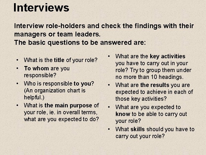 Interviews Interview role-holders and check the findings with their managers or team leaders. The