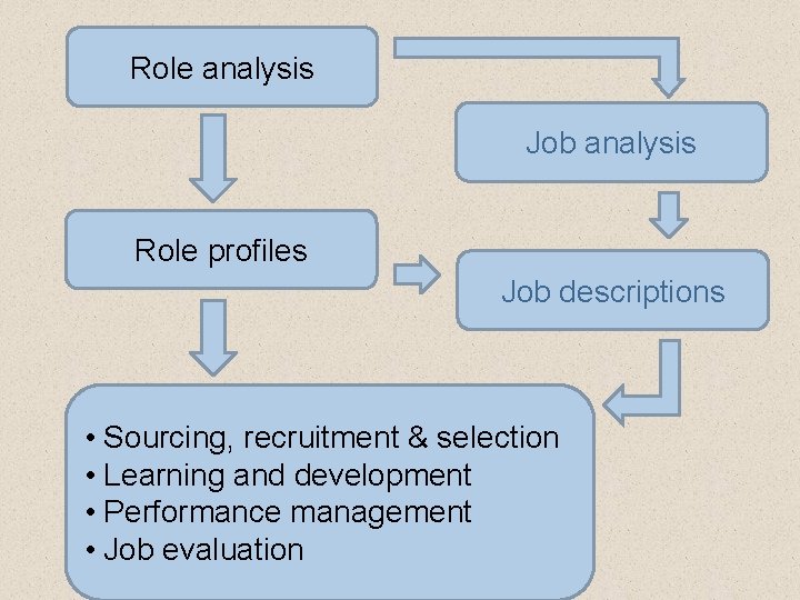 Role analysis Job analysis Role profiles Job descriptions • Sourcing, recruitment & selection •