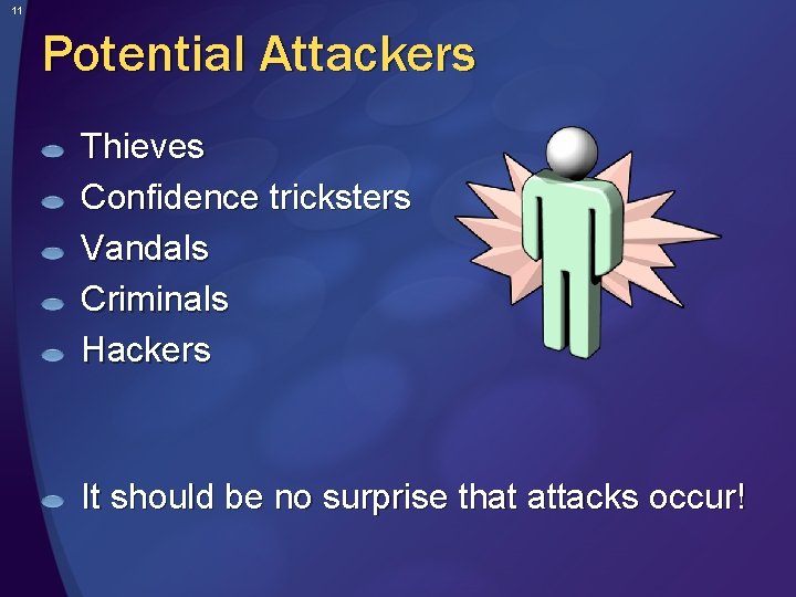 11 Potential Attackers Thieves Confidence tricksters Vandals Criminals Hackers It should be no surprise