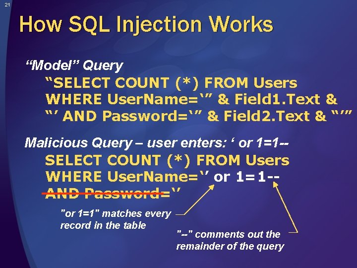 21 How SQL Injection Works “Model” Query “SELECT COUNT (*) FROM Users WHERE User.