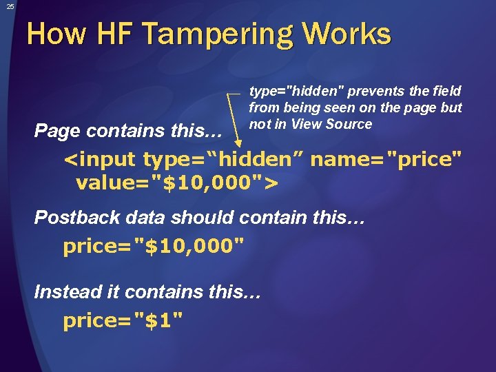 25 How HF Tampering Works Page contains this… type="hidden" prevents the field from being