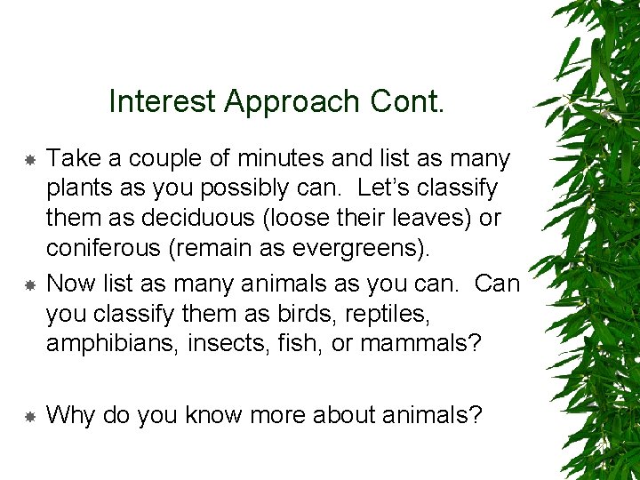 Interest Approach Cont. Take a couple of minutes and list as many plants as