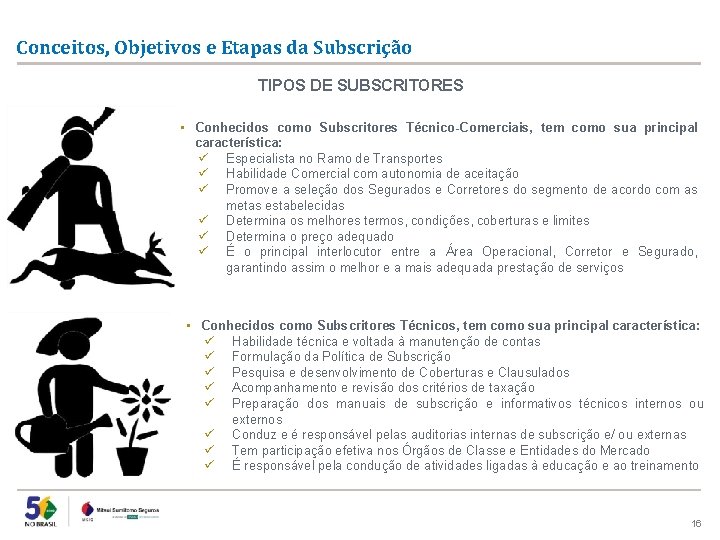Conceitos, Objetivos e Etapas da Subscrição TIPOS DE SUBSCRITORES • Conhecidos como Subscritores Técnico-Comerciais,