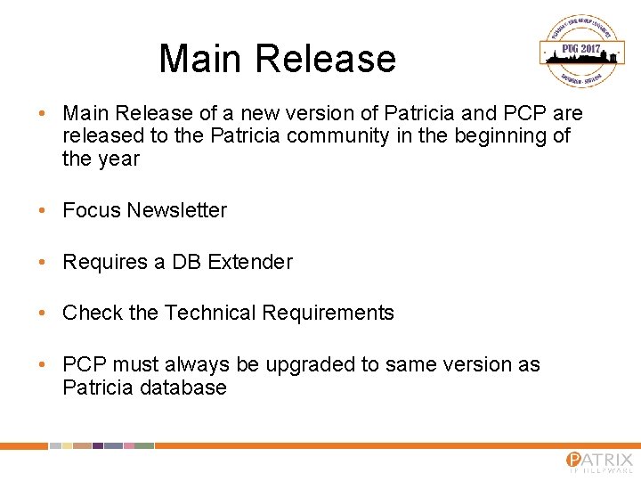 Main Release • Main Release of a new version of Patricia and PCP are