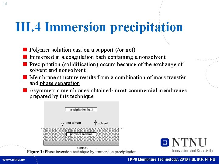14 III. 4 Immersion precipitation n Polymer solution cast on a support (/or not)