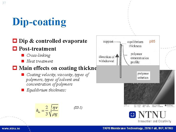 37 Dip-coating p Dip & controlled evaporate p Post-treatment p 85 n Cross-linking n