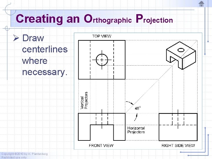 Creating an Orthographic Projection Ø Draw centerlines where necessary. Copyright © 2010 by K.