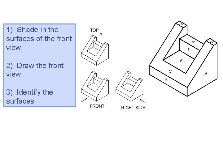 1) Shade in the surfaces of the front view. 2) Draw the front view.