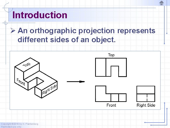 Introduction Ø An orthographic projection represents different sides of an object. Copyright © 2010