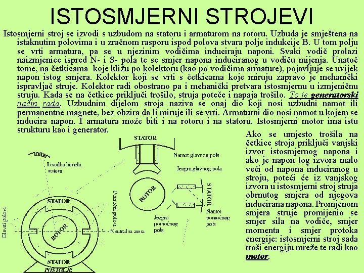 ISTOSMJERNI STROJEVI Istosmjerni stroj se izvodi s uzbudom na statoru i armaturom na rotoru.