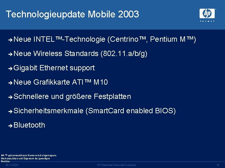 Technologieupdate Mobile 2003 è Neue INTEL™-Technologie (Centrino™, Pentium M™) è Neue Wireless Standards (802.