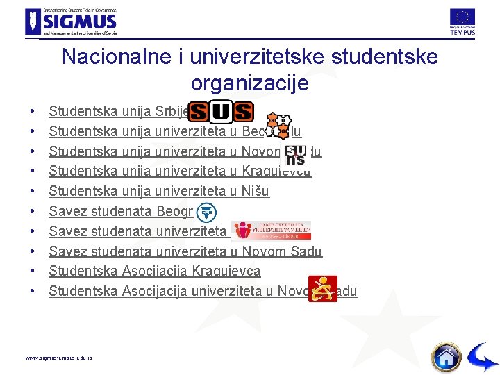 Nacionalne i univerzitetske studentske organizacije • • • Studentska unija Srbije Studentska unija univerziteta