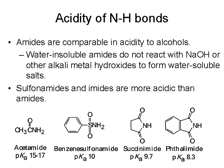Acidity of N-H bonds • Amides are comparable in acidity to alcohols. – Water-insoluble