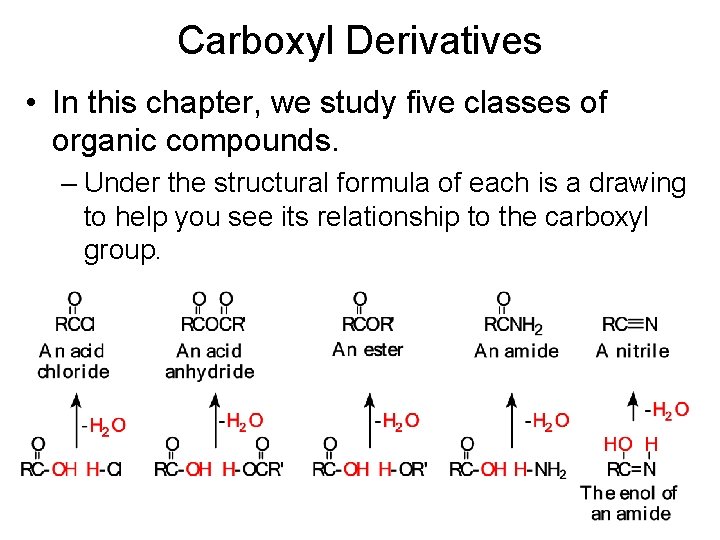 Carboxyl Derivatives • In this chapter, we study five classes of organic compounds. –