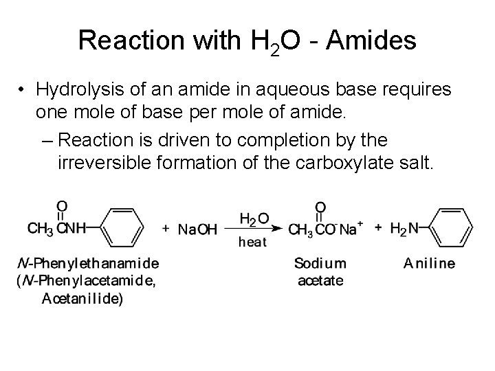 Reaction with H 2 O - Amides • Hydrolysis of an amide in aqueous