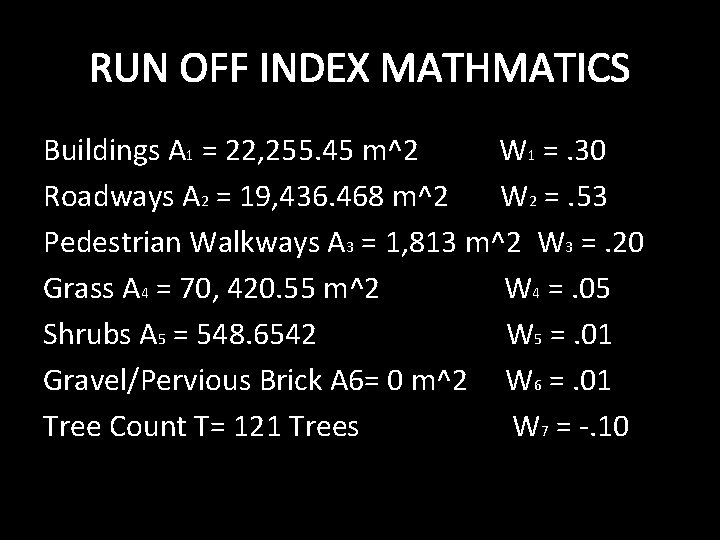 RUN OFF INDEX MATHMATICS Buildings A 1 = 22, 255. 45 m^2 W 1