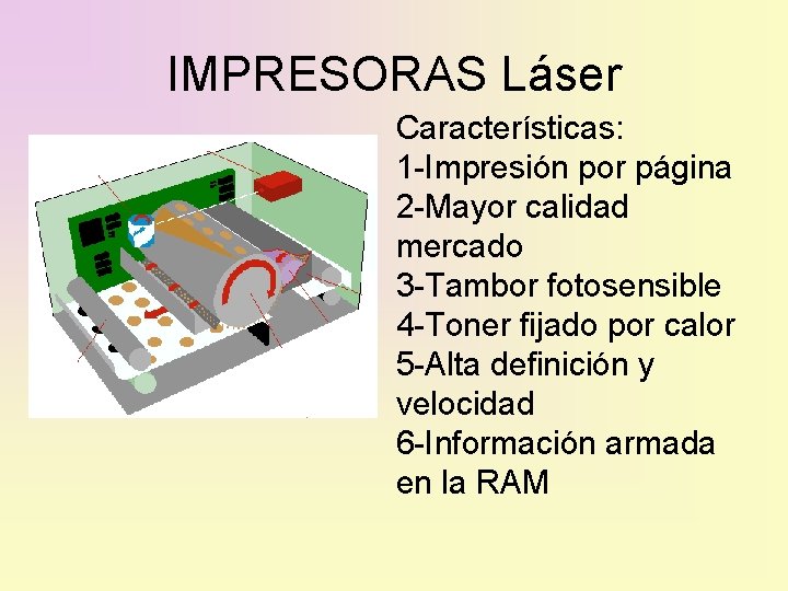 IMPRESORAS Láser Características: 1 -Impresión por página 2 -Mayor calidad mercado 3 -Tambor fotosensible