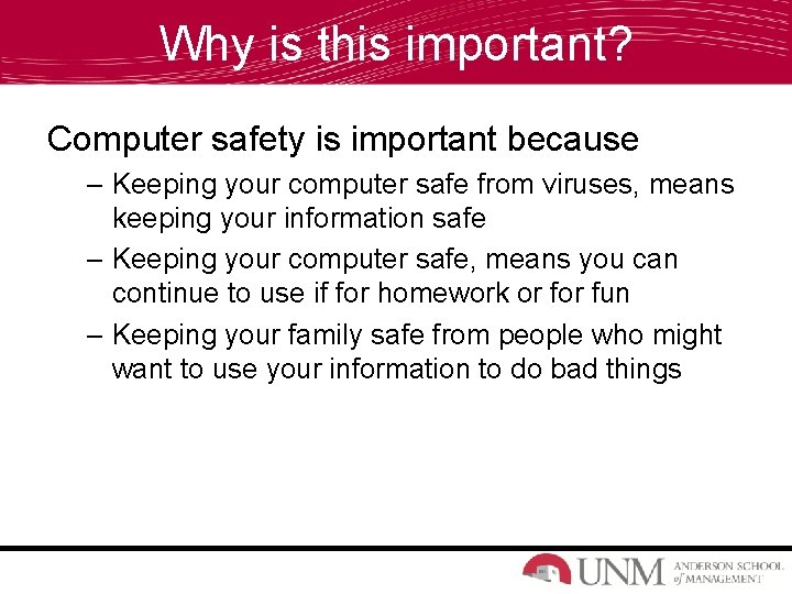 Why is this important? Computer safety is important because – Keeping your computer safe