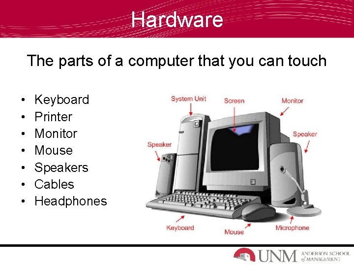 Hardware The parts of a computer that you can touch • • Keyboard Printer