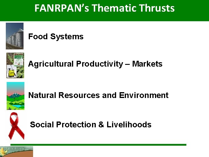 FANRPAN’s Thematic Thrusts Food Systems Agricultural Productivity – Markets Natural Resources and Environment Social