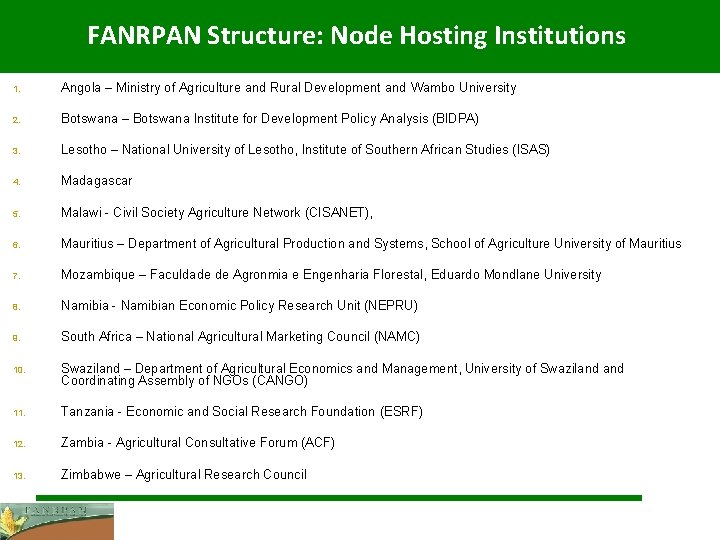 FANRPAN Structure: Node Hosting Institutions 1. Angola – Ministry of Agriculture and Rural Development